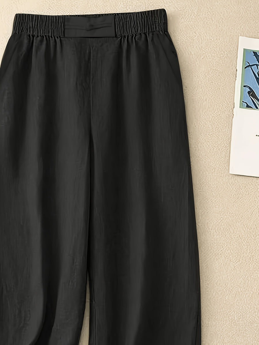 Women's Straight-Leg Ankle Pants with Button Closure & Detail - Loose-Fit Trousers Suitable for Seasons, Solid Color Casual to Dressy Wear, Machine Washable Non-Stretch Pants for Office, Everyday Outfits - Black