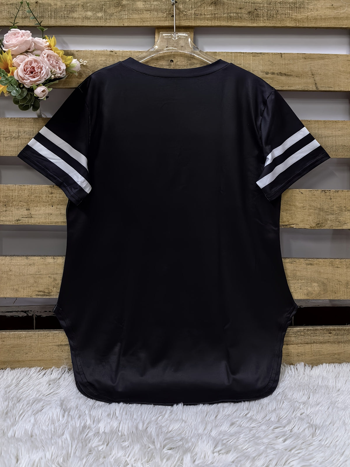 2026 European And American Spring Summer New Women'S Clothing Digital Print Curved Hem V-Neck Loose Casual Short Sleeve T-Shirt Top - Black