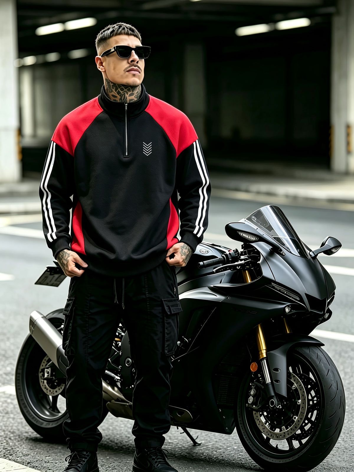 Men'S Black Red Shoulder Patchwork Half-Zip Stand Collar Long Sleeve Sweatshirt, Fashionable Print, American Retro Sporty Stand Collar Sweatshirt, Current Hot Basketball Outfit, Campus Back-To-School, Fitness Running, Street Trendy Top - Black and Red Contrast Color