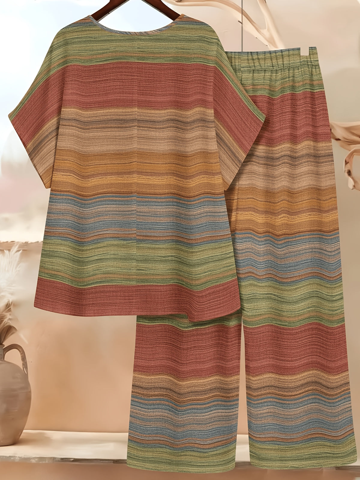 Plus Size, Women's Vintage Earth Tone Striped Plus Size 2pcs Set, Artistic Multicolor Casual Loose Short Sleeve Top and Wide-Leg Pants Set - Multicolor