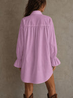 2026 Spring/Autumn Front Short Back Long Designer Style Loose Fit Elegant Solid Color Button-Up Elastic Cuffs Patchwork Lace Trim Women's Blouse ZLLZ - Pink