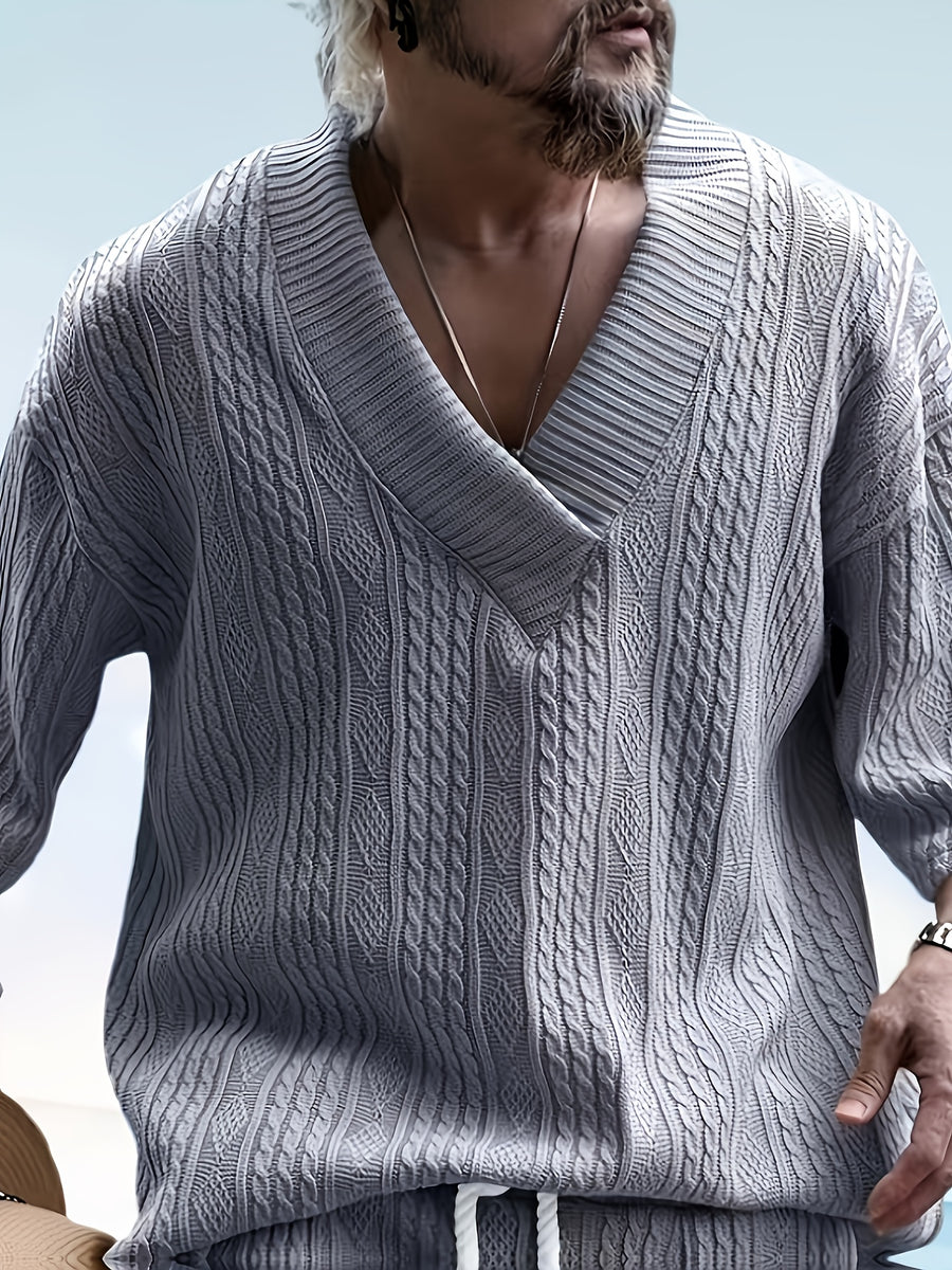 Men's Casual and Comfortable Outdoor Daily Sports Simple and Fashionable Youth High-quality Handsome American Versatile Knitted T-shirt Men's Summer Loose V-neck Sports Solid Color T-shirt Men - Light Grey