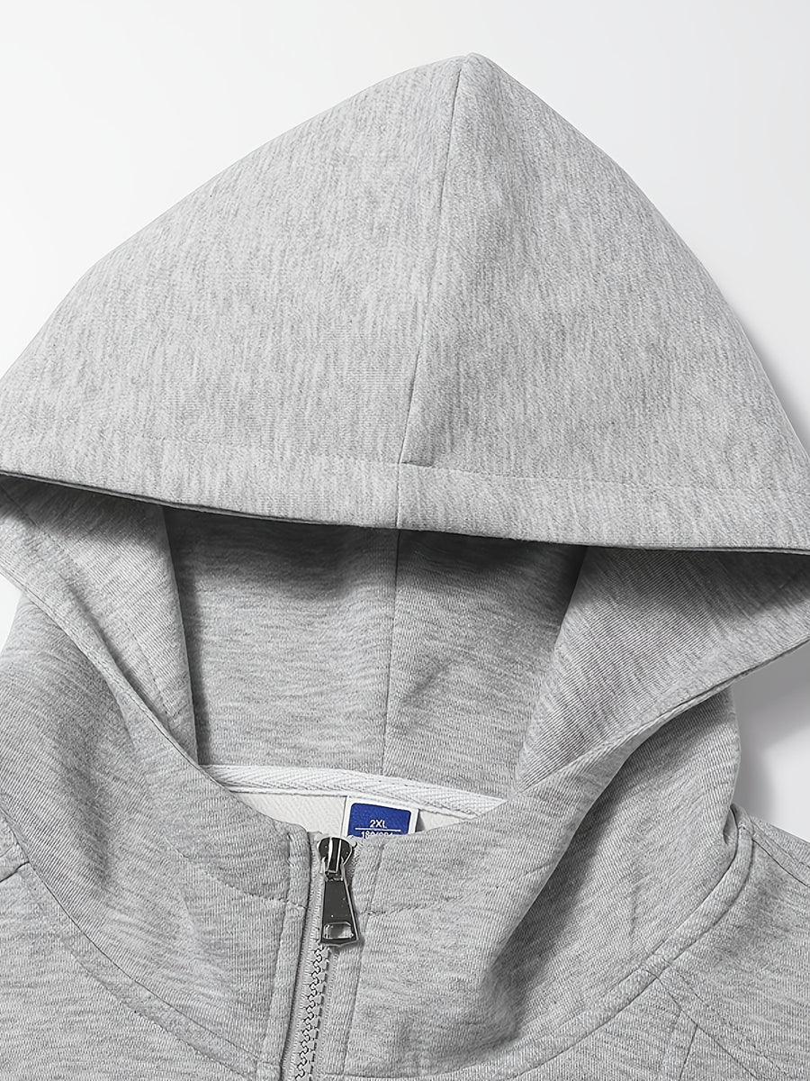 Men's Full-Zip Hoodie, Geometric Patchwork Loose Fit Long Sleeve Hooded Sweatshirt, Casual Streetwear Outerwear with Side Pockets, Thick and Soft Fabric Jacket, Suitable for Daily Walks, Gym, Sports, Outings, and Urban Streetwear - Light Grey