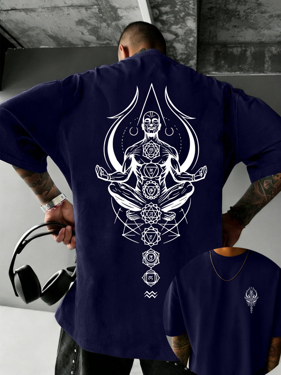 Men's 100% Pure Cotton T-Shirt, Zen Chakra Print, Breathable and Soft, for All Seasons, Casual Daily Commute - Navy blue color