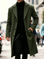 Men's Long Tweed Overcoat, European and American Style Suit Lapel Single-Breasted Slim Fit Blend Coat, Autumn/Winter Windproof and Warm Business Men's Wear, Multiple Colors Available, 100% Polyester - fern green