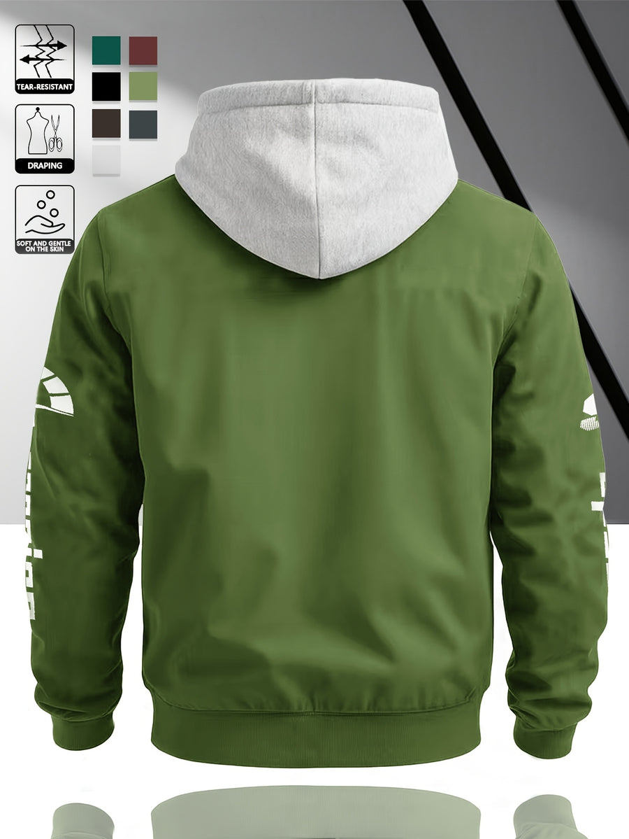 Fashion Casual Men'S Contrast Color Hooded Cardigan Long Sleeve Jacket, Letter Print, Comfortable And Versatile, Suitable for Autumn Winter JK5682, Sporty, Breathable, Regular Fit, Daily - Bright Green