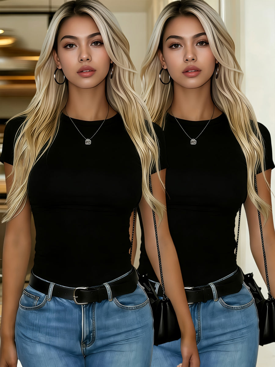 2pcs Set Women'S Elegant Solid Short Sleeve Slim Fit Basic T-Shirts - Casual Fashion Versatile, Classic Round Neck Design, All-Season Pullover Top, Comfortable Stretch Fabric, Slim Fit Style, Machine Washable - Black+black