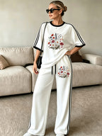 2pcs Set of Barcode Women'S Short Sleeve Long Pants, Printed Color-Block Comfortable Soft Casual Outdoor Sports Set Long Sweatpants Short Sleeve Top - White