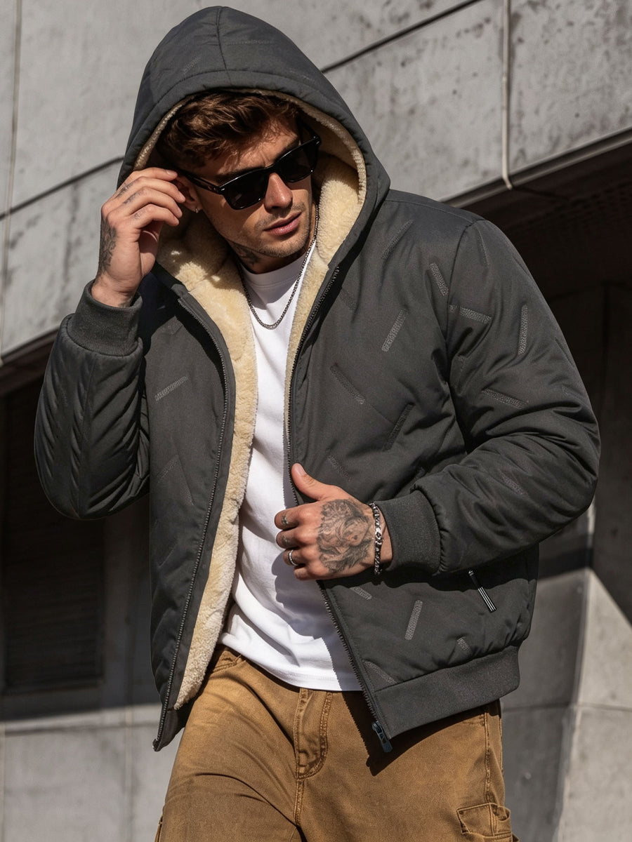 CWPKF Men's Winter Hooded Windproof Jacket with Padded & Zippered Pockets - Thickened Warm Coat Suitable for Weather, Machine Washable Hooded Outerwear for Daily Commute, Outdoor Activities, Gift Choice (Regular Fit) - Grey