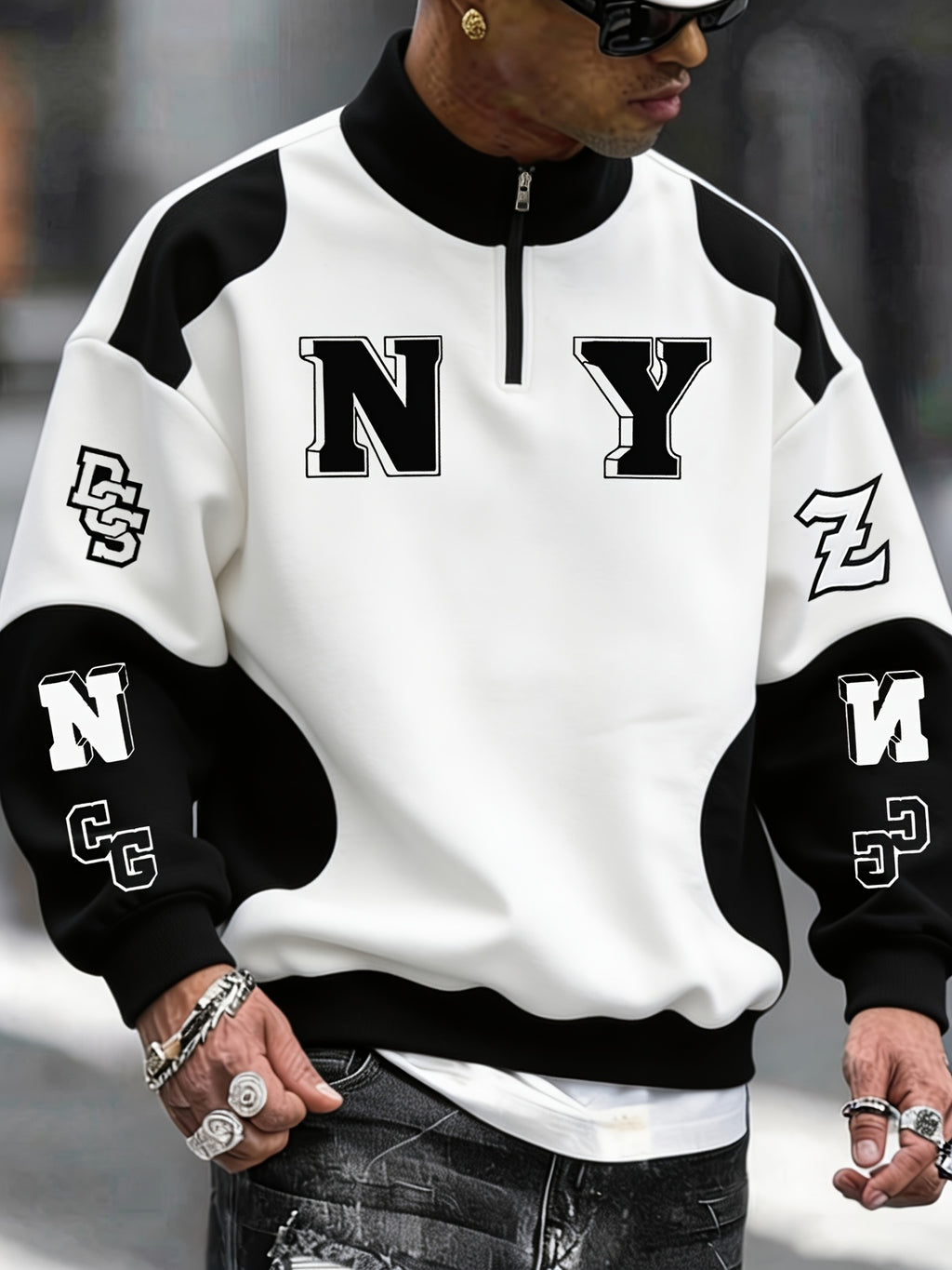 NY Lettering Color-Block Patchwork Half-Zip Stand Collar Sweatshirt American Street Casual Pullover Top, Baddie Clothes - White