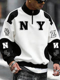 NY Lettering Color-Block Patchwork Half-Zip Stand Collar Sweatshirt American Street Casual Pullover Top, Baddie Clothes - White