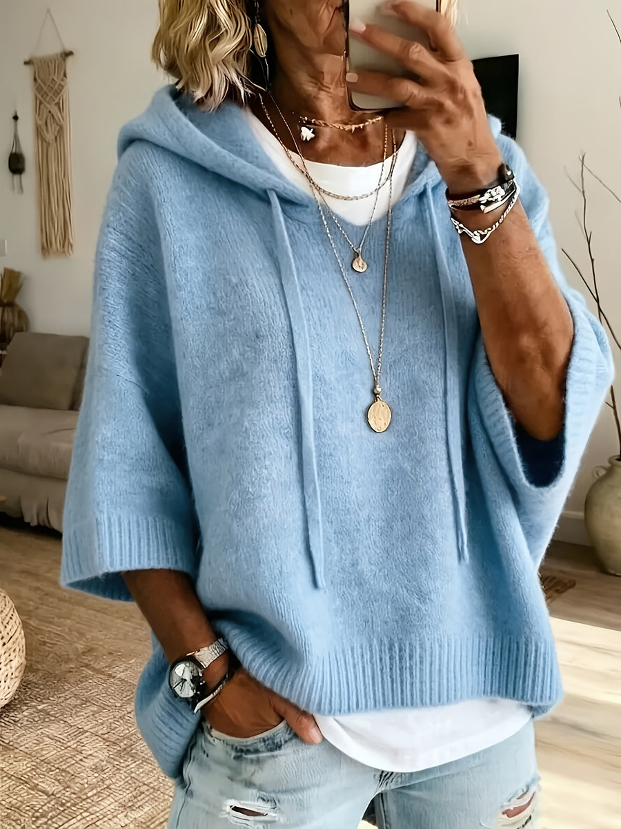Women's Casual Hooded Drawstring Top Loose Off-Shoulder Wide 3/4 Sleeve Soft Sweatshirt Oversized Body-Covering Batwing Sleeve Pullover Ribbed Hem Solid Color Slouchy Hoodie - Sky Blue