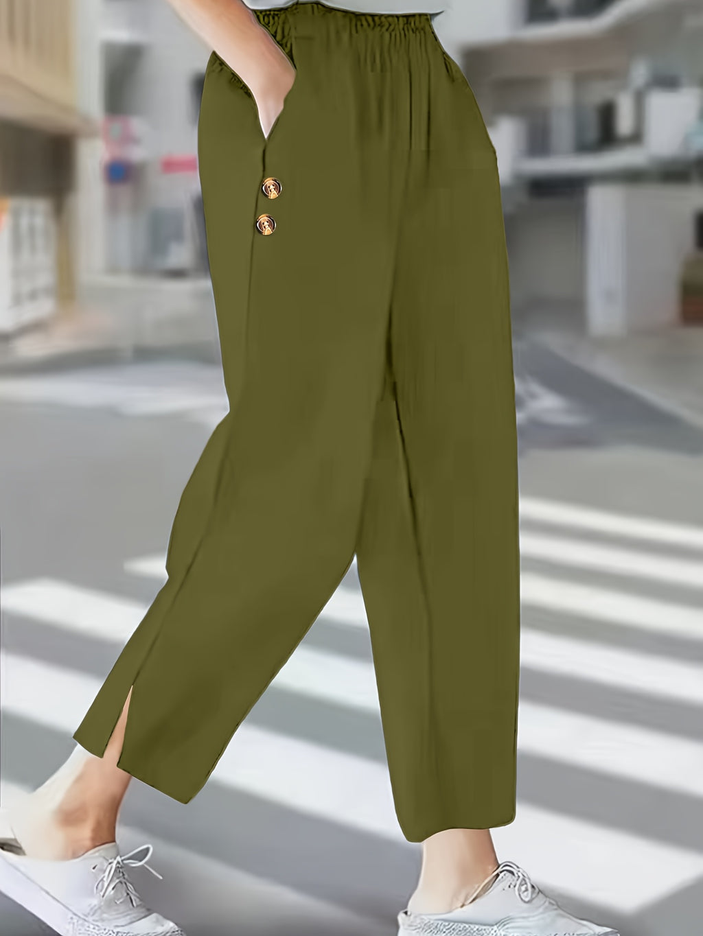 Solid Color Elegant Ankle Pants with Buttoned Pockets, Featuring a Slit Cuff Design for Added Dynamism, Suitable for Daily Outings or Commuting - Olive Green