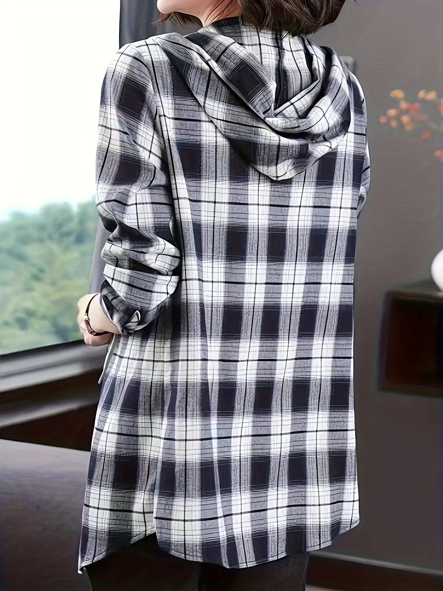 Wealth-Attracting Directional Plaid Women'S Hooded Shirt - Black And White Grid