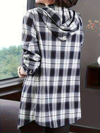 Wealth-Attracting Directional Plaid Women'S Hooded Shirt - Black And White Grid