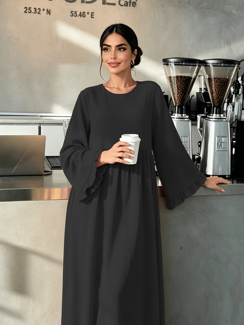Round Neck Long Dress with Ruffled Flared Wide Sleeves, Soft Lightweight Breathable Fabric Loose Swing Style Dress for Women Daily Home And Outdoor Casual Matching - Black