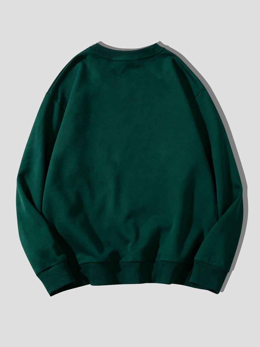 Men's Basic Crew Neck Sweatshirt with Small Galloping Horse Print on Left Chest, Casual Long Sleeve Loose Fit Versatile Solid Color Pullover Sport Sweatshirt - Green