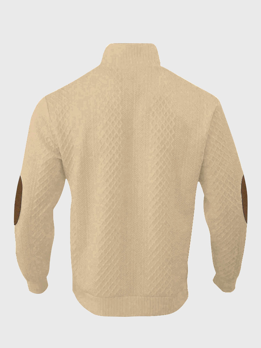 Men's New Jacquard Top with Textured Classic Stand Collar to Enhance Neckline, Half-Button Placket Continuing Vintage Henley Style, Patchwork Design Fashion Knit Shirt - Apricot