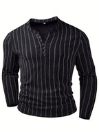 Men'S Fashion Men'S Clothing Top T-Shirt Autumn Winter Casual Striped Long Sleeve Shirt Button Sports Men'S Henley Shirt - Black