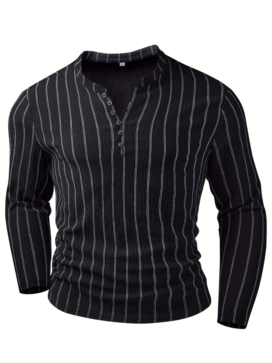 Men'S Fashion Men'S Clothing Top T-Shirt Autumn Winter Casual Striped Long Sleeve Shirt Button Sports Men'S Henley Shirt - Black