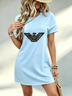 Printed Design Not Textured, Casual Ladies Dress, Eagle Graphic Print, Summer Beach Outing, Gift for Girlfriend, 100 Percent Polyester - Sky Blue