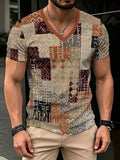 [Print Design - Non-Textured] New Men'S Retro Ethnic Style V-Neck Short Sleeve T-Shirt, Geometric Patchwork Contrast Color Casual Top, Apricot Base with Burgundy-Brown Tones And Individual Prints, All-Match Daily Commute Style - Mixed colors