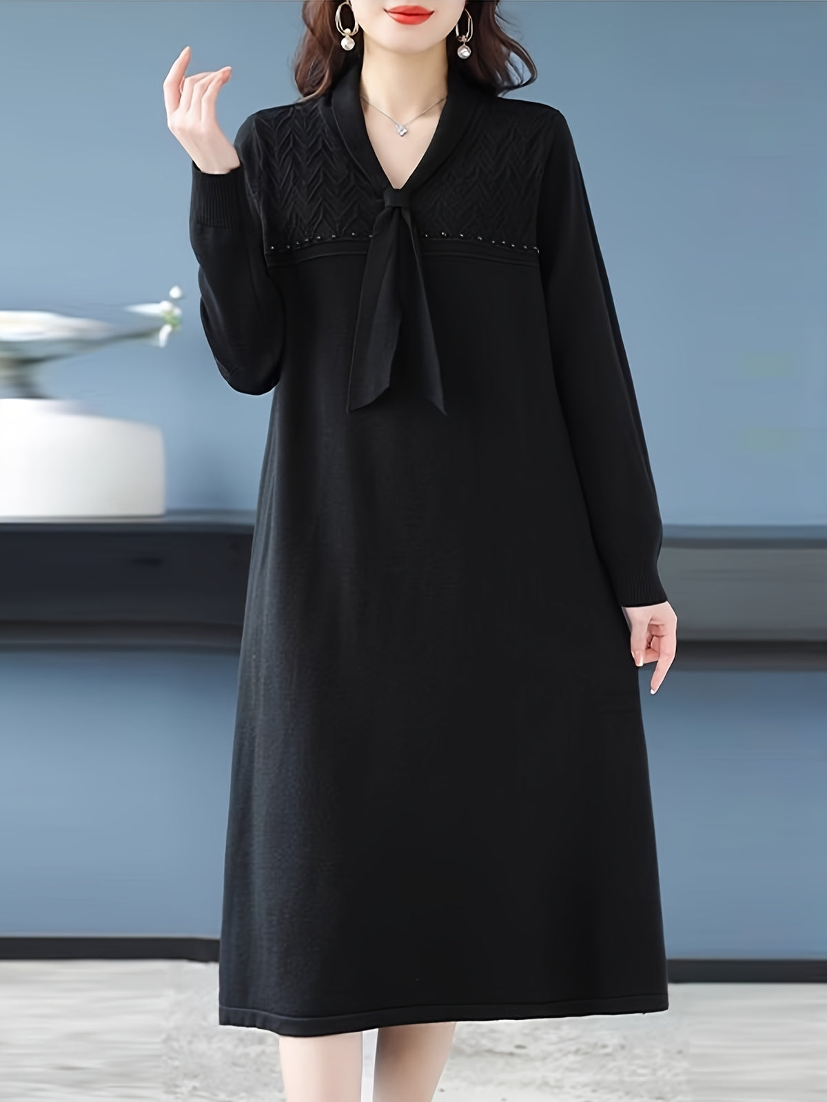 Solid Mid-Length Sweater Skirt Women'S 2026 Autumn Winter New Loose All-Match Temperament Age-Reducing Sweater Dress - Black