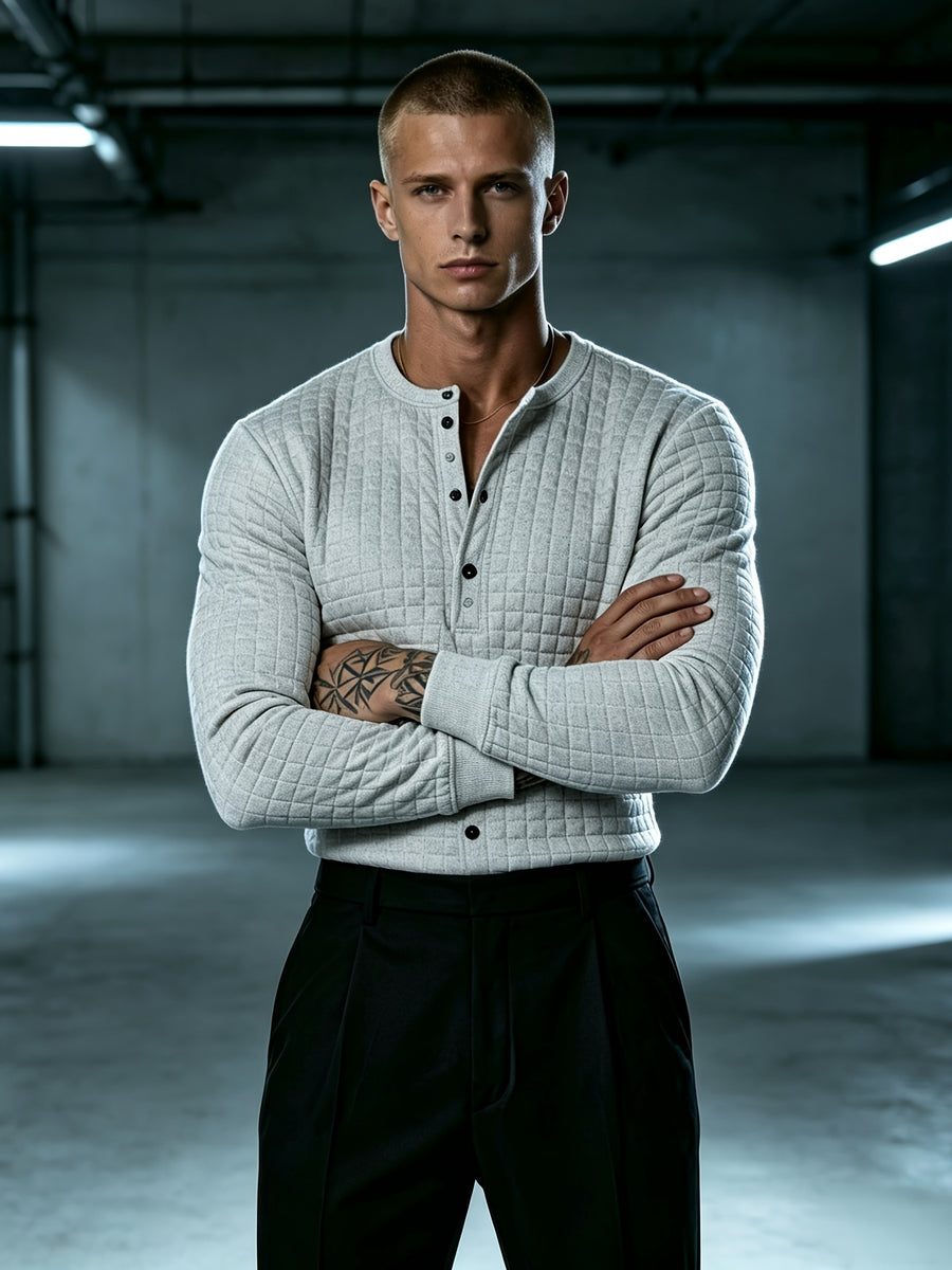 Autumn New Men'S White Checkered Henley Long Sleeve T-Shirt, Henley Collar Textured Top, Easy Rugged Slim Fit, Salon Gathering Casual Wear, Easy Fashion, Men'S Half-Open Long Sleeve - Light Grey