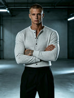 Autumn New Men'S White Checkered Henley Long Sleeve T-Shirt, Henley Collar Textured Top, Easy Rugged Slim Fit, Salon Gathering Casual Wear, Easy Fashion, Men'S Half-Open Long Sleeve - Light Grey