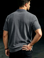 Men's Summer Jacquard Ribbed Lapel Short-Sleeve T-Shirt, Simple Casual Breathable Business Versatile Knitted Polo Shirt - Dark Gray