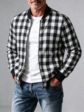 Men's Vintage Waffle Check Baseball Jacket with Zipper Front & Collar - Multi-Color Plaid Cardigan Coat (Black/White/Red/Brown/Green), Machine Washable Suitable for Commuting, Casual Streetwear Outerwear, Spring/Autumn Daily Jacket - White And Black