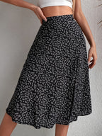 A Women'S Black Floral Slit Midi Skirt, High-Waisted And A-Line Skirt, New Black Small Floral Midi Skirt, Women'S Side Slit High-Waisted Draped Midi Skirt, French Black Floral Midi Skirt, Women'S Summer High-Waisted Side Slit Chiffon Midi Skirt - Black