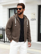 EXARUS Men'S Vintage Plaid Jacquard Hooded Zip-Up Jacket, American Casual Open Cardigan Hoodie, Individual Woven Texture Pattern, Tassel Decor Drawstring with Smooth Metal Zipper, Elastic Cuffs, Loose Casual Fit. Comfortable And Breathable Fabric - Coffee Color