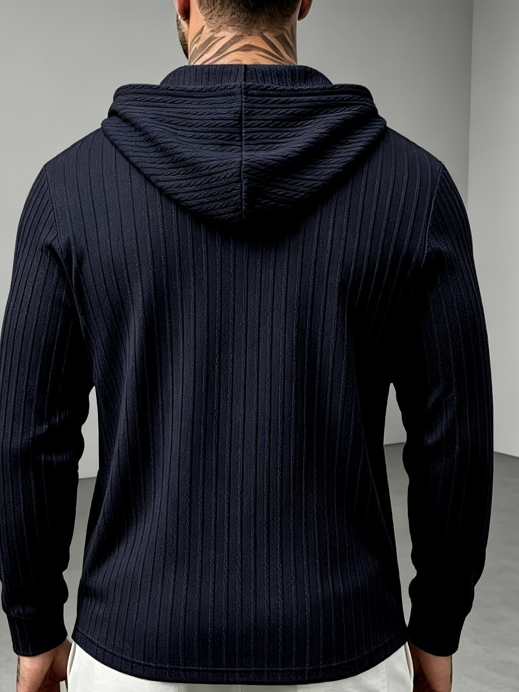 New Men'S Textured Jacquard Hooded Sweatshirt, Henley Button-Front Pouch Kangaroo Pocket Loose Stretch Long Sleeve Casual Top - Navy Color
