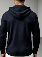 New Men'S Textured Jacquard Hooded Sweatshirt, Henley Button-Front Pouch Kangaroo Pocket Loose Stretch Long Sleeve Casual Top - Navy Color