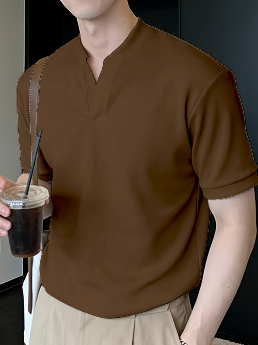 Josh Rose OBOM Men's Summer Fashion Solid Color V-Neck Short Sleeve Shirt, Comfortable and Breathable Cooling Fabric, Versatile for Outings, Sports, Daily Wear, and Fitness Clothing - Coffee Color