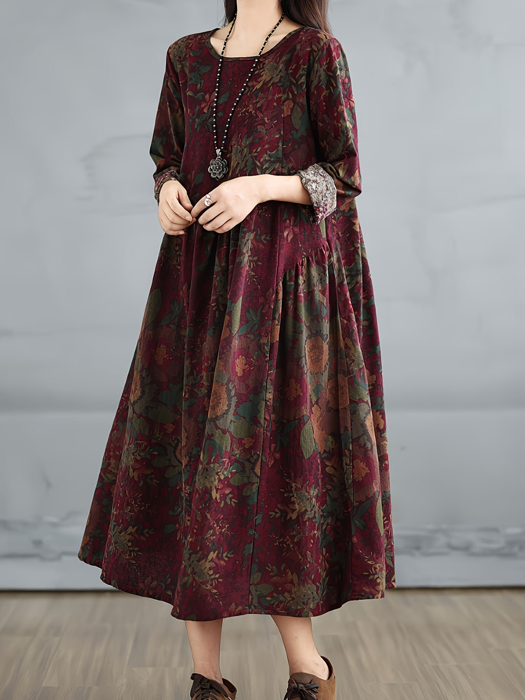 Spring/Autumn New Vintage Linen Printed Round Neck Long Sleeve Dress Women'S Loose Patchwork Cover-Up - Deep Red