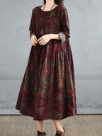 Spring/Autumn New Vintage Linen Printed Round Neck Long Sleeve Dress Women'S Loose Patchwork Cover-Up - Deep Red