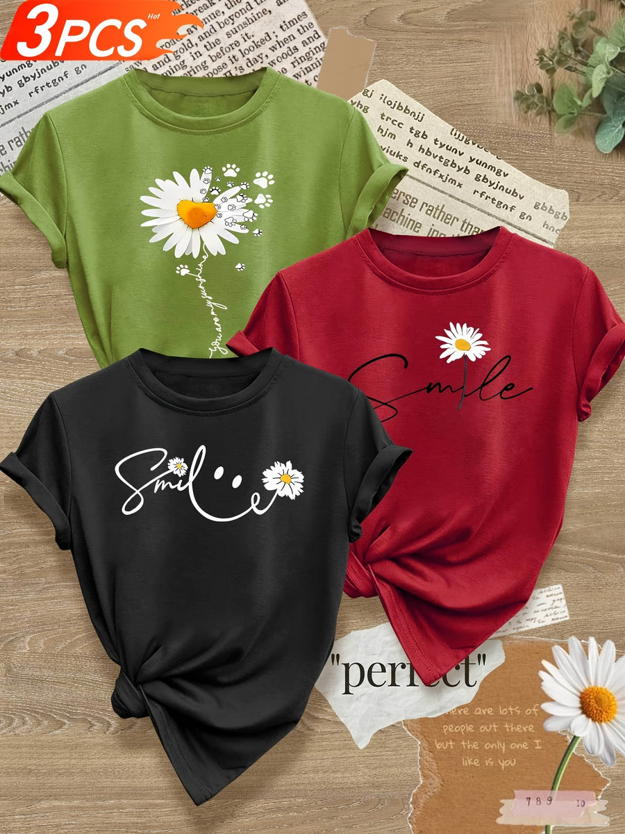 Smiling Letter Small Flower Series 3pcs Mixed Pack, Family Pack, Sisters Pack, Printed Fashion Vintage Style Women's Summer Casual Sporty Style Round Neck Short Sleeve T-Shirt, Multiple Colors Available, Sizes S-XXL - Army Green Black Red