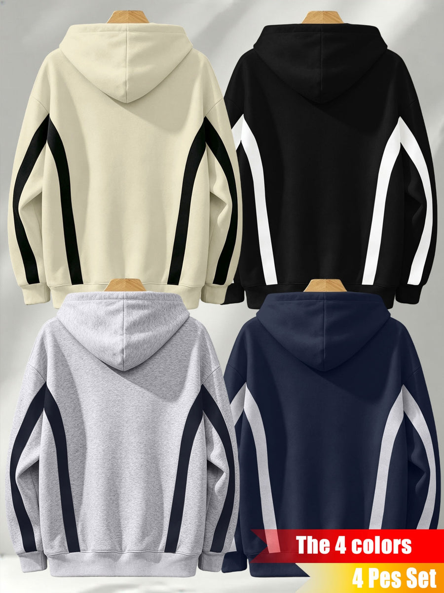 4pcs Set: Autumn/Winter Men's Pullover Hooded Sweatshirt with Diagonal Contrast Color Line Cut on Sleeves, Street Style Top. Features Adjustable Drawstring and Large Kangaroo Pocket for Storing Phones and Small Items. Made of Skin-Friendly - Apricot + Navy Blue + Gray + Black