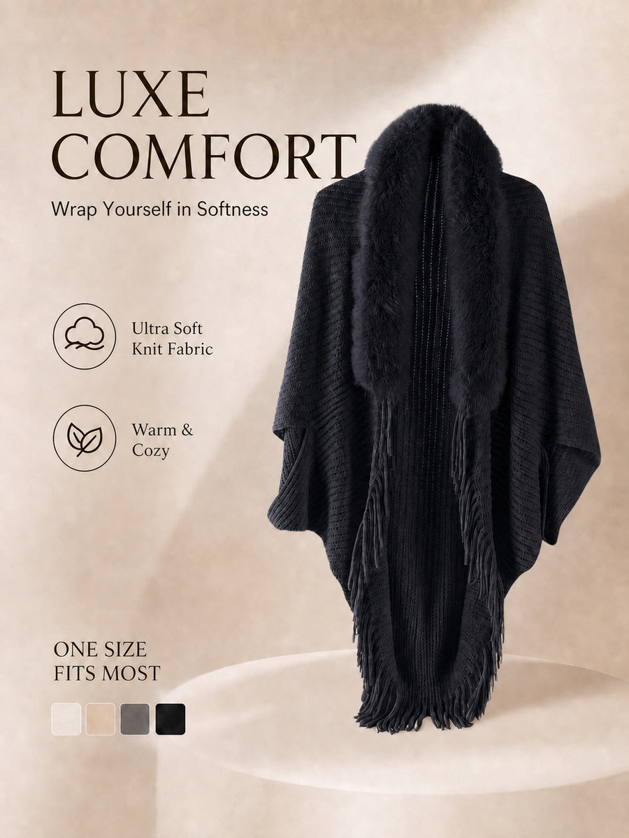 Women's Loose-fitting, Batwing-sleeve, Cape-style Cardigan; a Reversible Wrap with a Shawl Collar-a Stylish Piece for Casual Attire and a Great Gift for Autumn and Winter. - Black