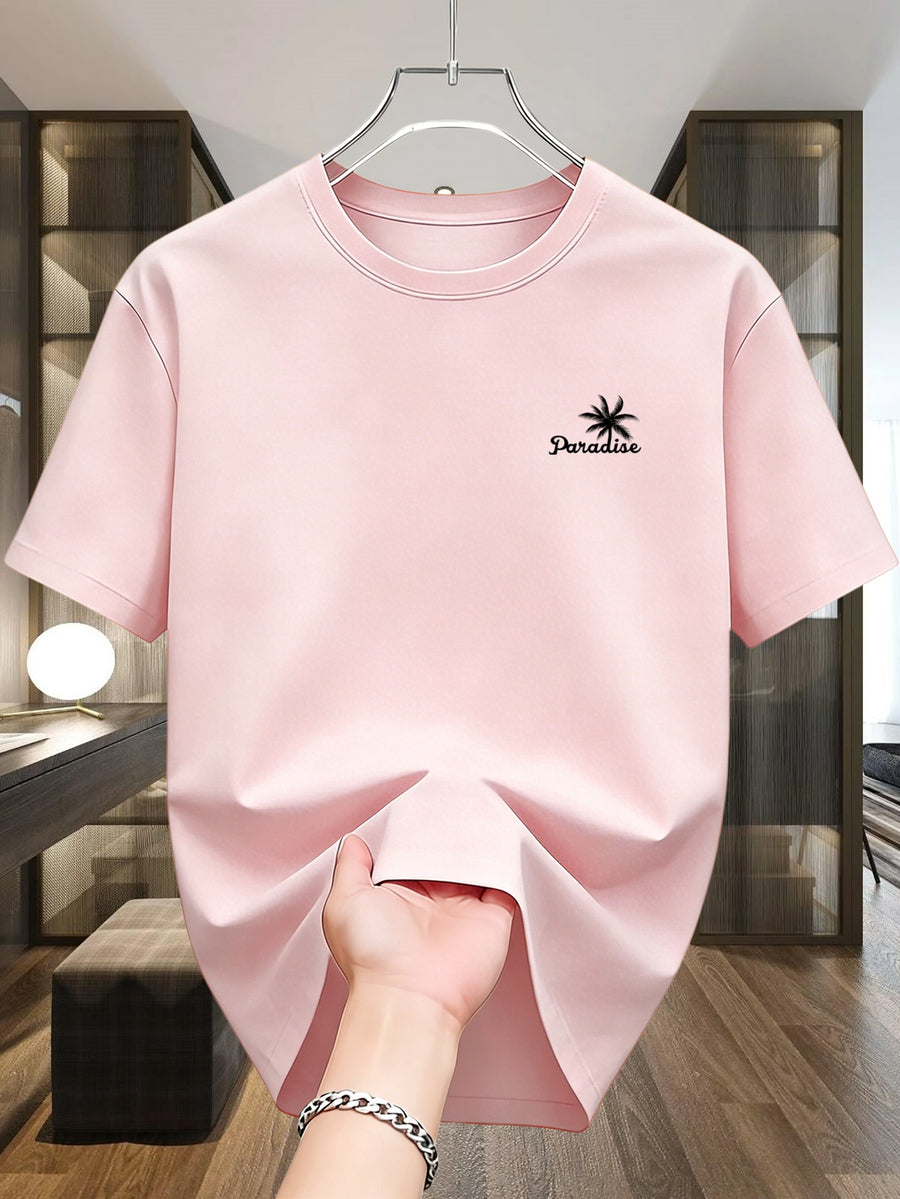 Men'S T-Shirt Short Sleeve, Coconut Letter Print, Easy Casual Style, Summer Vacation Daily Wear, Comfortable And Breathable Top - Pink
