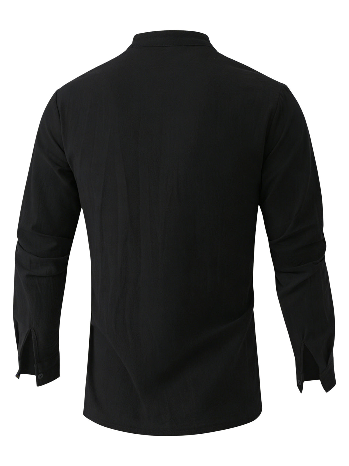 [Mai Qiqi OBM] Men'S Beach Vacation Shirt Stand-Up Collar Linen Lace Texture Long-Sleeved Top Light And Breathable Summer Vacation Outfit - Black