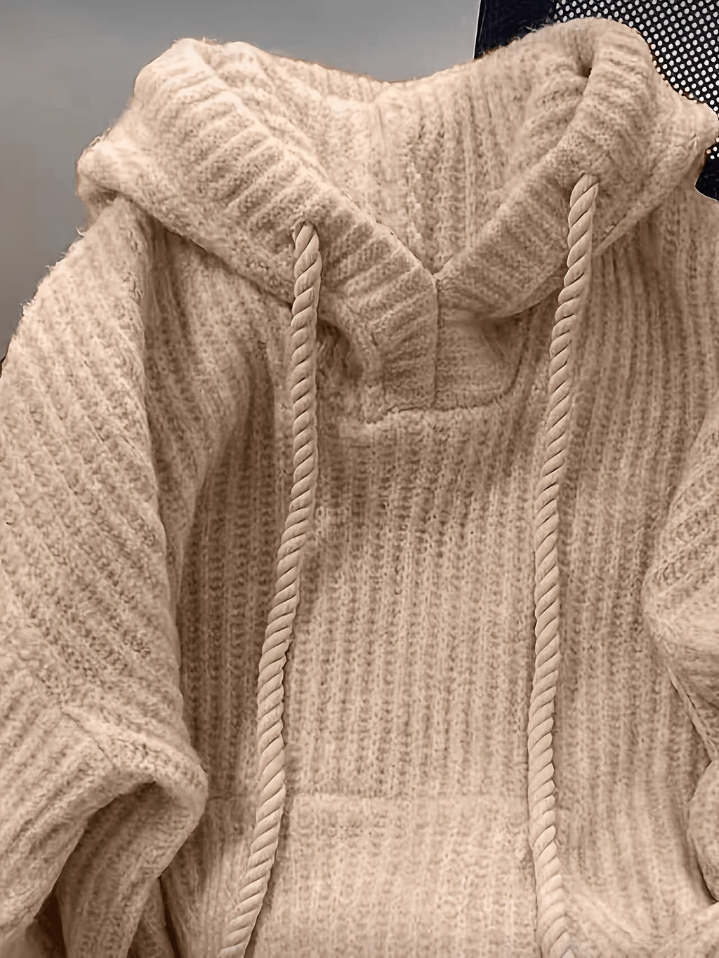 Hooded Chunky Cable- Sweater with Coarse Ribbed Texture, Tassels, Drawstring, Vertical Ribbed Detailing, and a Relaxed Fit. This Long-sleeve Pullover Features a Simple, Casual Design for a Laid-back and Effortless Look - Khaki