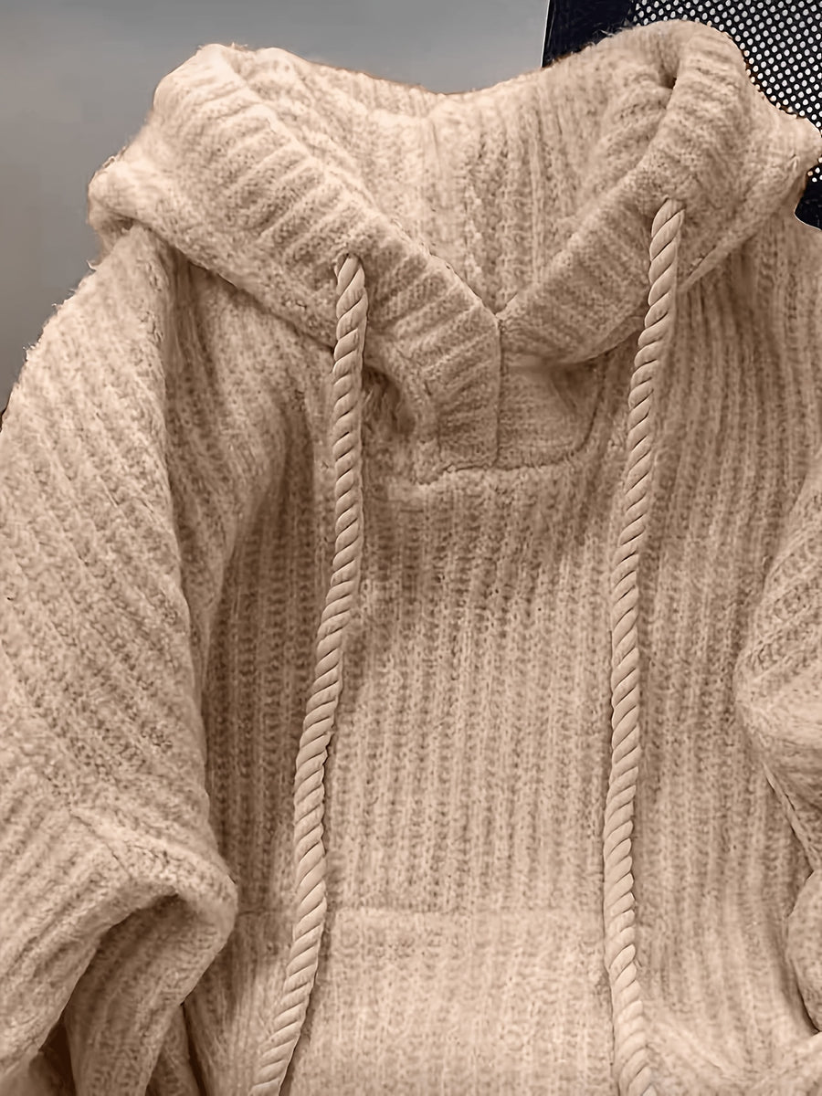 Hooded Chunky Cable- Sweater with Coarse Ribbed Texture, Tassels, Drawstring, Vertical Ribbed Detailing, and a Relaxed Fit. This Long-sleeve Pullover Features a Simple, Casual Design for a Laid-back and Effortless Look - Khaki