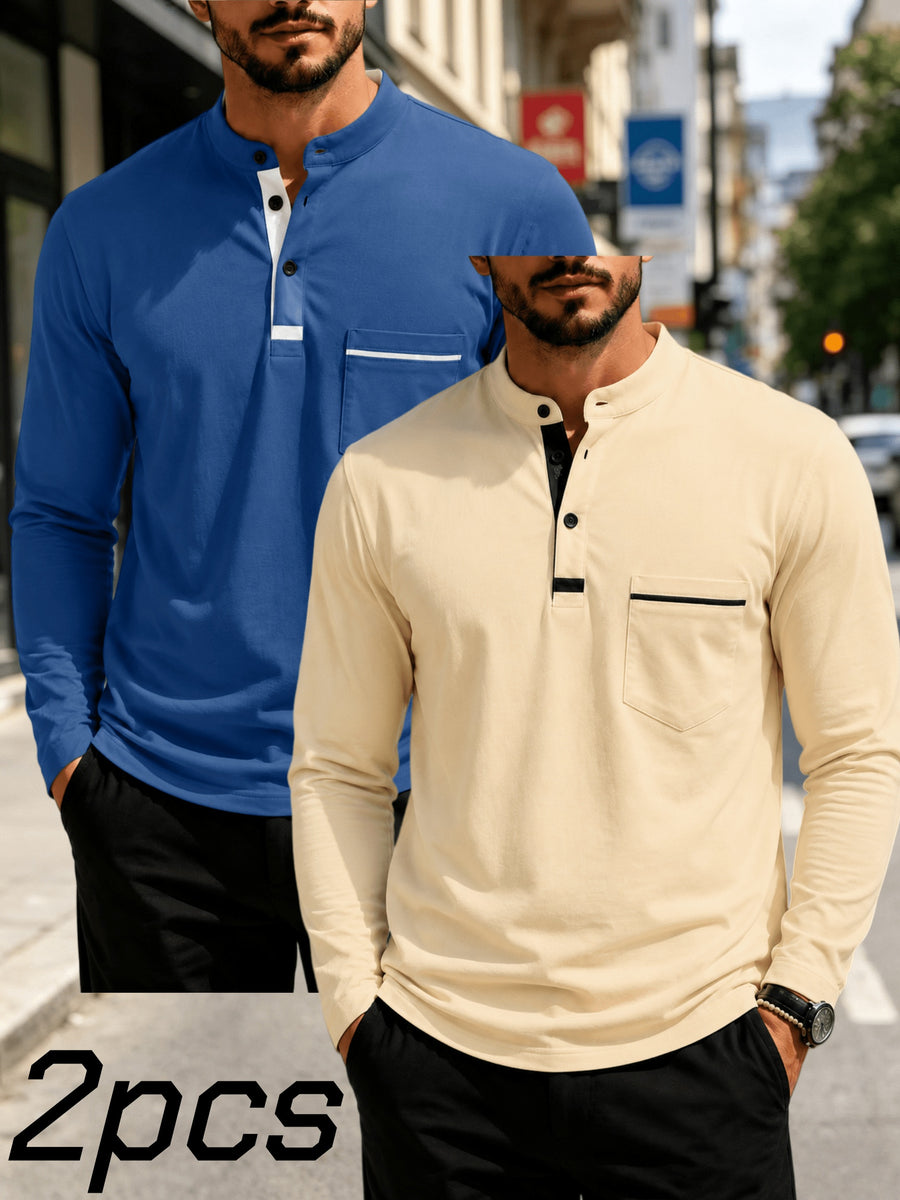 2pcs Men's Stand Collar Long Sleeve Henley Shirt, Casual Half-Button T-Shirt with Pockets, Lightweight and Breathable Stand Collar Pullover Top, Suitable for Daily, Office, and Outdoor Scenes - Sea Blue + Khaki