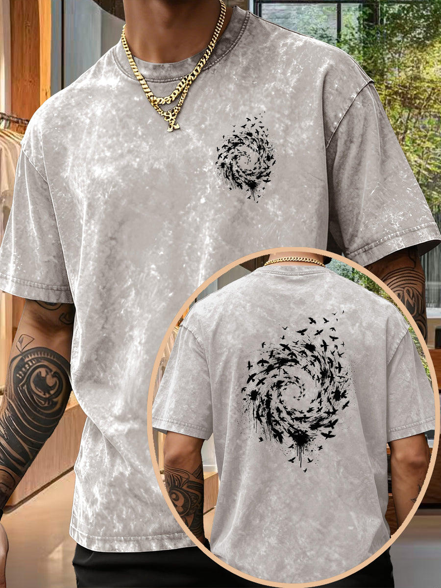 Men's Pure Short-Sleeve Top with Trendy Double-Sided Print of Flocks of Birds and Spiral Ink Splatter Design, 12 Colors for Mix-and-Match, Washed Distressed Loose Fit, National Trend Y2K Style for Commuting, Daily Outings, Sports - Apricot
