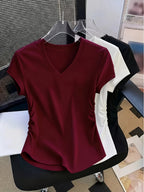 Women'S 3pcs American Retro Casual V-Neck Short Sleeve T-Shirt Spring Summer Slim Short Sleeve Waist Ruched T-Shirt - Mixed colors