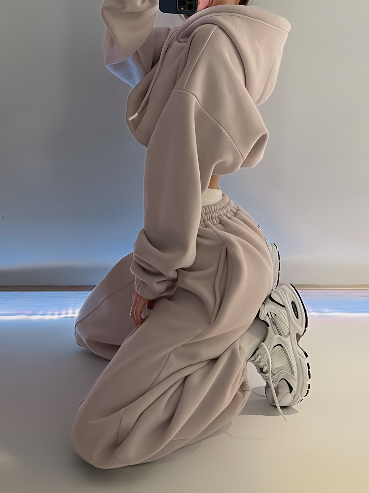 Women's Autumn/Winter New Promotion Simple Solid Color Loose Short Hooded Sweatshirt + Solid Color Elastic Waist Loose Ankle-Length Pants Casual Fashion Elegant Daily Commute Versatile Outdoor Y 2pcs Set - Pale Pinkish Gray