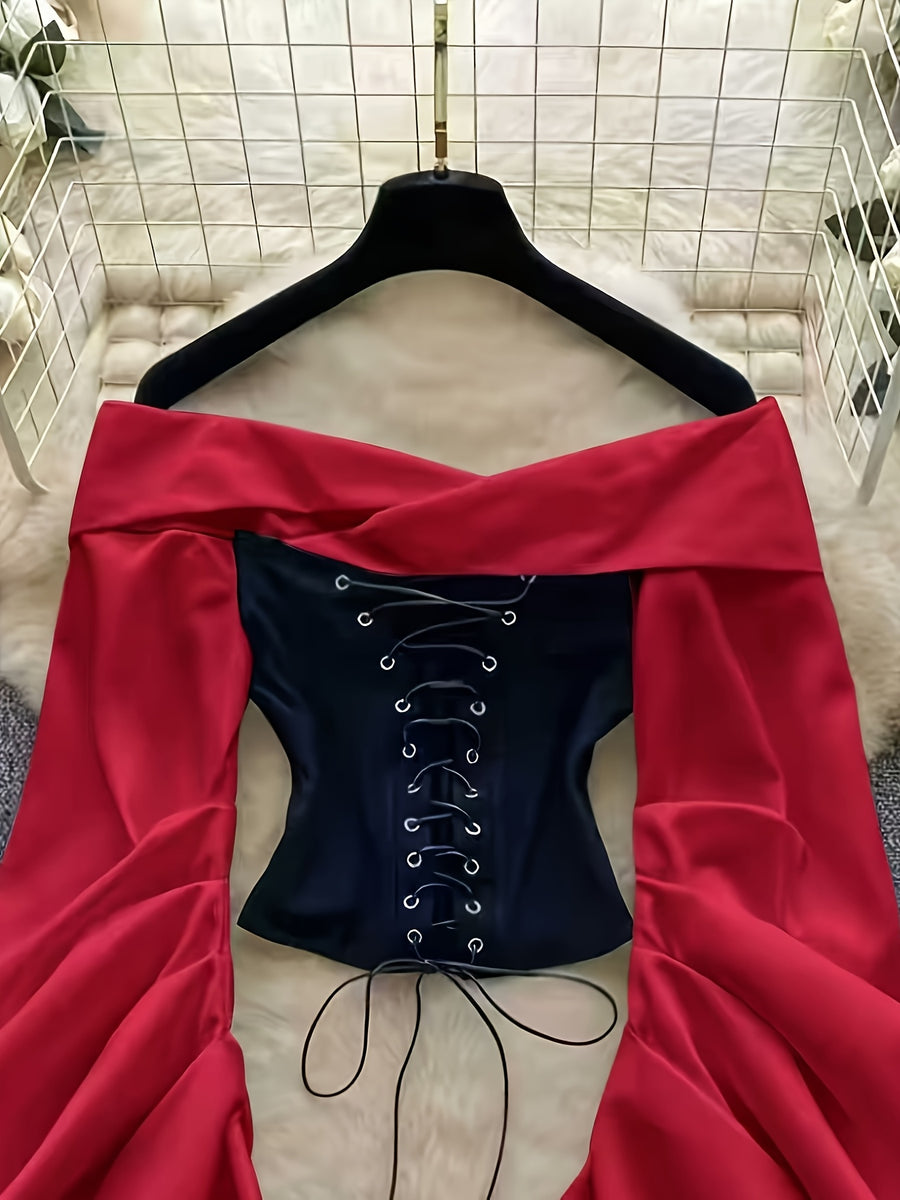Spring Summer Fashion New Style Top Elegant Contrast Color Patchwork Off-Shoulder Square Neck Drawstring Short Top - Black And Red Color Contrast